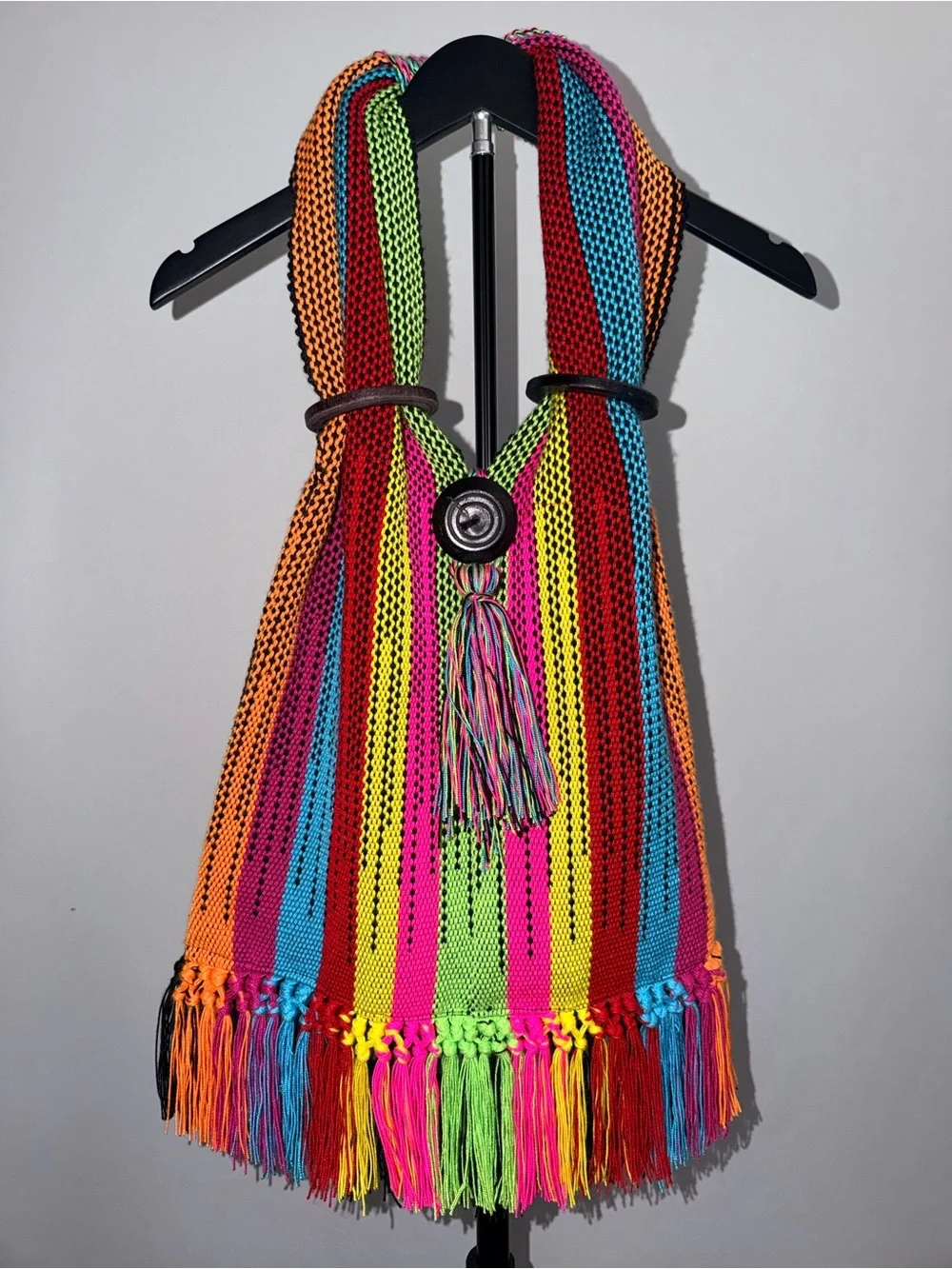 Neon Multicolor Striped Fringe Hobo Bag